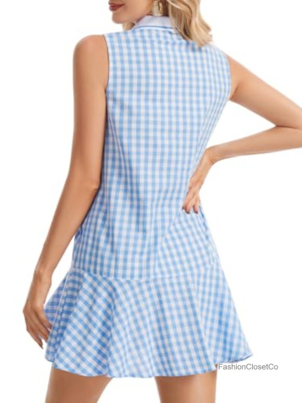 Women's Gingham Polo Dress Sleeveless Mini Tennis Dress Ruffle Hem Button Front - Picture 5 of 6